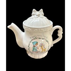 1994 Enesco Precious Moments Ceramic Teapot Happy Holly Days Holiday Christmas